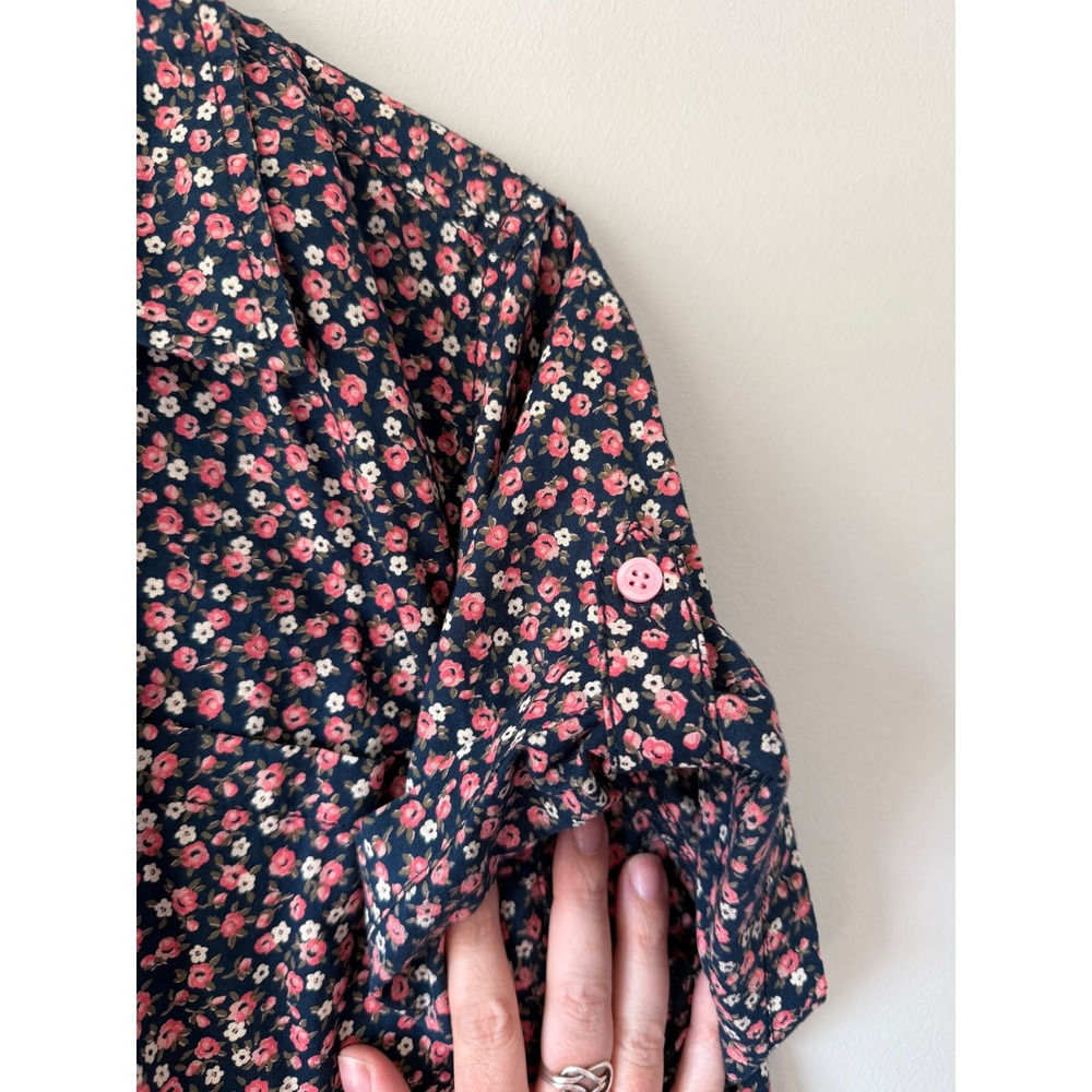Faded Glory Navy Blue Pink Floral Button Down Shirt Roll Tab Sleeve XXL 20 - Picture 5 of 11
